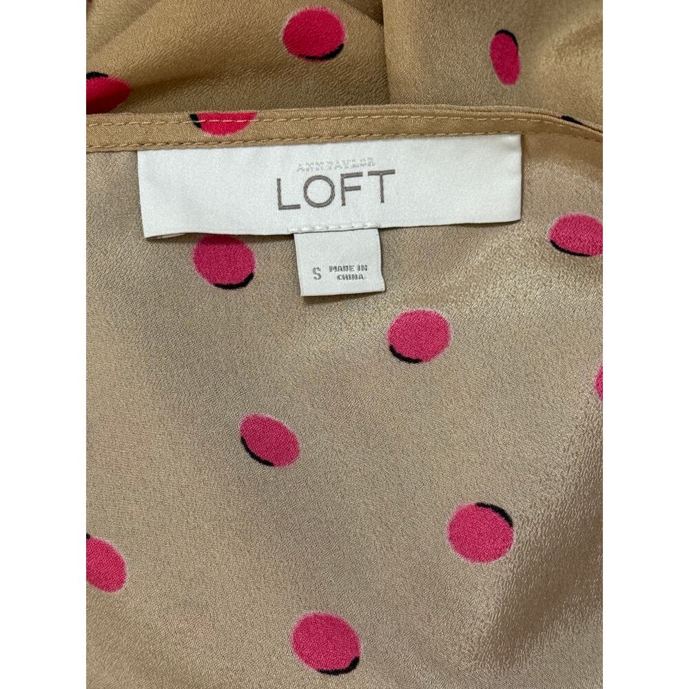 Loft Tan & Pink Polka Dots Short Cap Sleeve Oversized Silky Blouse Top Size S - Picture 8 of 10